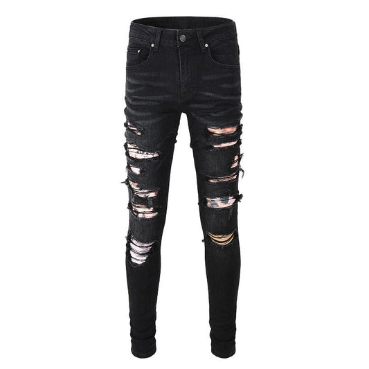High Street Jeans Men's New Ripped Patch Jeans Slim Fit Pants #841