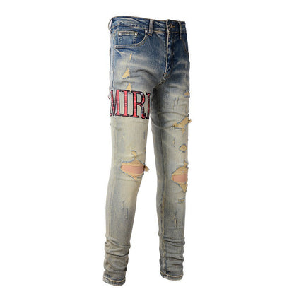 Street Letter Embroidered Jeans Blue Elastic Slim fit Jeans #888
