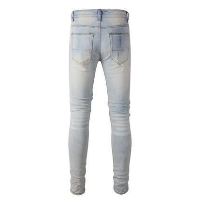 645 Ripped Blue Patch Jeans Elastic Slim Slim High Street Jeans