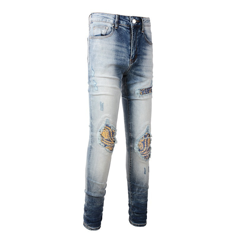 New Retro Jeans Men's Ripped Patch Beggar Slim Jeans #1330