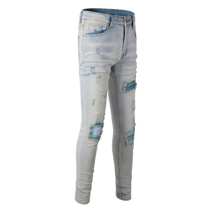 645 Ripped Blue Patch Jeans Elastic Slim Slim High Street Jeans
