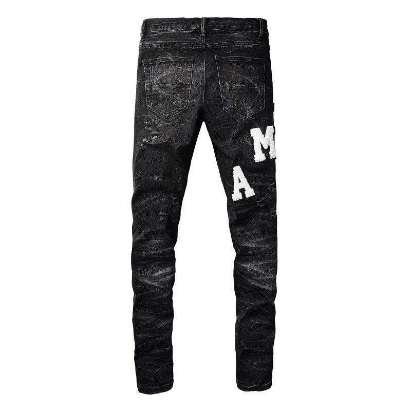 Street Jeans Leather Embroidered Letter Ripped Thread Patch Elastic Slim fit Pants (1313-8815)